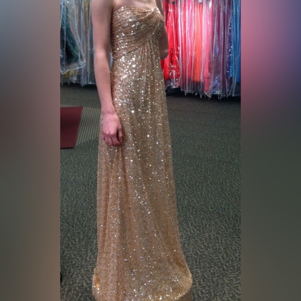La Femme Gold Sequined Strapless Formal Gown